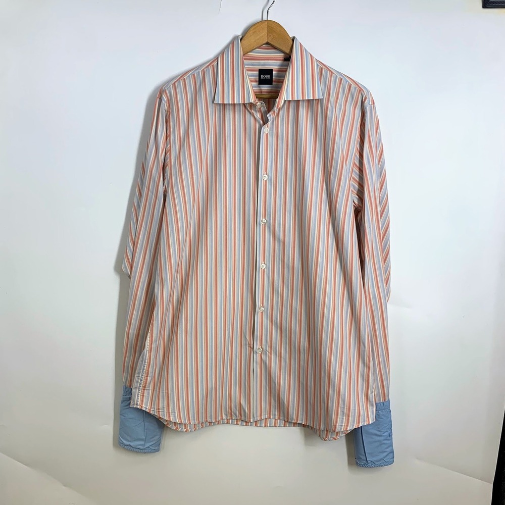 BOSS Hugo‎ Boss Mens Striped Dress Shirt French Cuff Collared Button Up Size XL